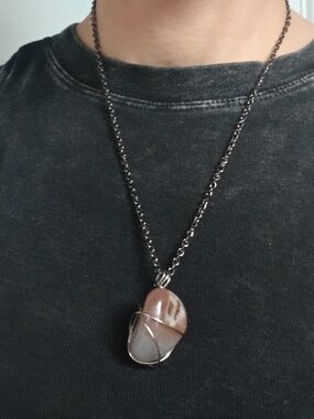 Amethyst Quartz Handmade Wire-Wrapped Necklace, Blackened Stainless Steel Chain